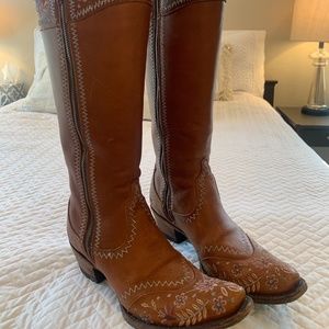 Tan Embroidered Knee High Cowboy Boots
